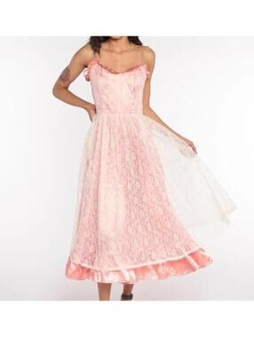 Vintage 80s Pink Satin Lace Overlay Midi Cocktail Dress Small